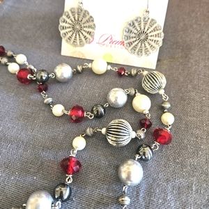 Premier Designs long necklace & fishhook earrings antiqued silver red pearl new